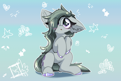 Size: 3000x2000 | Tagged: safe, artist:jubyskylines, marble pie, earth pony, pony, g4, :o, big ears, blue background, blush lines, blushing, cheek fluff, colored hooves, cute, cute little fangs, cyan background, doodles, ear fluff, eye clipping through hair, fangs, female, gradient background, hair over one eye, halftone, high res, hoof polish, leg fluff, looking up, marblebetes, mare, one ear down, open mouth, purple eyes, sitting, solo, sparkly eyes, unshorn fetlocks, weapons-grade cute, wingding eyes