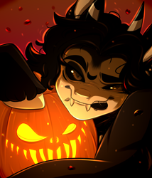 Size: 3000x3500 | Tagged: safe, artist:blackberry907, oc, oc only, original species, pony, black sclera, fangs, halloween, high res, holiday, horns, jack-o-lantern, looking at you, pumpkin, slit pupils, solo, tongue out
