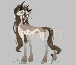 Size: 3500x3000 | Tagged: safe, artist:blackberry907, oc, oc only, unnamed oc, original species, pony, adoptable, anatomically incorrect, butt, chest fluff, coat markings, colored horn, concave belly, curved horn, ear piercing, extra leg joint, facial markings, feather, female, flower, flower in hair, freckles, golden eyes, gradient legs, grass, gray background, headdress, high res, horn, horn jewelry, horn ring, horns, incorrect leg anatomy, jewelry, leaves, leaves in hair, looking at you, mare, multiple horns, obtrusive watermark, piercing, plot, ring, simple background, skinny, solo, standing, star (coat marking), tall, thin, turned head, unshorn fetlocks, watermark, yellow eyes