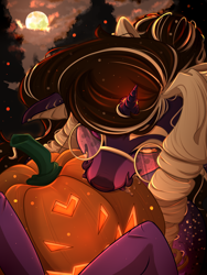 Size: 3000x4000 | Tagged: safe, artist:blackberry907, oc, oc only, original species, pony, biting, commission, eating, female, full moon, halloween, holiday, horn, jack-o-lantern, mare, moon, pumpkin, solo, tusk, ych result