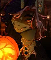 Size: 3000x3500 | Tagged: safe, artist:blackberry907, oc, oc only, pony, clothes, commission, ear piercing, earring, fangs, female, halloween, high res, holiday, horn, horn jewelry, jack-o-lantern, jewelry, mare, necklace, piercing, pumpkin, solo, ych result
