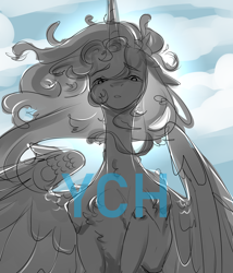 Size: 3000x3500 | Tagged: safe, artist:blackberry907, oc, oc only, alicorn, pony, chest fluff, commission, female, high res, mare, sketch, slender, solo, thin, windswept mane, your character here