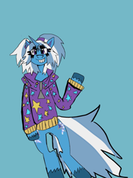 Size: 500x667 | Tagged: safe, artist:jermmgermm, trixie, pony, unicorn, g4, alternate hairstyle, babysitter trixie, bipedal, blue background, both cutie marks, clothes, eye clipping through hair, grin, hoodie, simple background, smiling, solo, unshorn fetlocks, waving