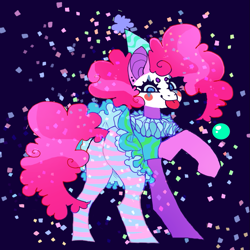 Size: 1021x1021 | Tagged: safe, artist:cutesykill, pinkie pie, earth pony, pony, g4, :p, balloonbutt, beanbrows, black background, blush sticker, blushing, butt, closed mouth, clown, clown makeup, confetti, ear piercing, earring, eyebrows, female, hat, jewelry, looking at you, looking back, looking back at you, mare, party hat, piercing, plot, raised hoof, ruff (clothing), simple background, smiling, solo, standing, tail, tail hole, tights, tongue out