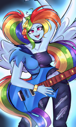 Size: 3000x5000 | Tagged: safe, artist:marubup, rainbow dash, human, pegasus, equestria girls, g4, my little pony equestria girls: rainbow rocks, breasts, busty rainbow dash, electric guitar, guitar, musical instrument, ponied up, reasonably sized breasts, rock (music), solo, spread wings, winged humanization, wings