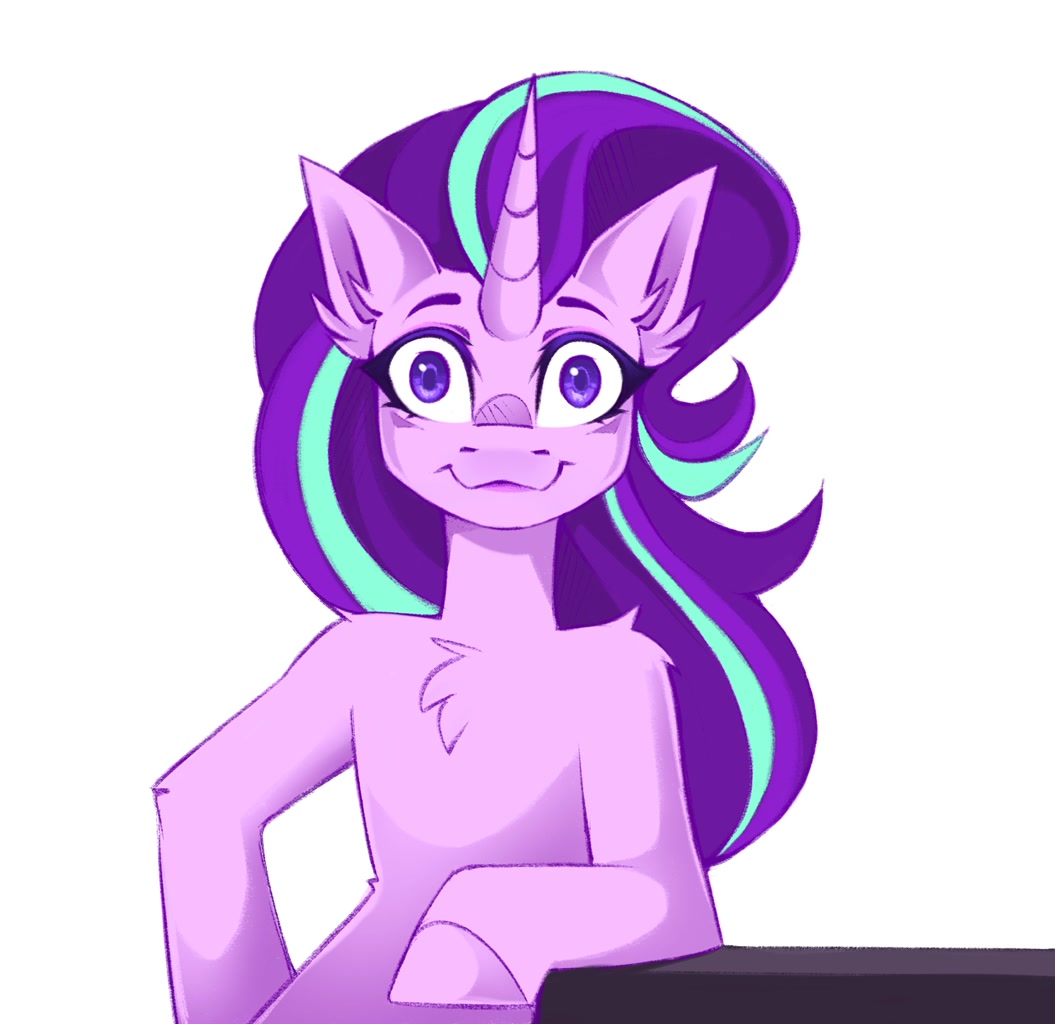 [:3,bipedal,chest fluff,female,looking at you,mare,safe,semi-anthro,simple background,solo,unicorn,white background,ear fluff,arm hooves,blank stare,starlight glimmer,smiling,staring into your soul,human shoulders,shoulder fluff,artist:buvanybu]