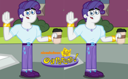Size: 6596x4096 | Tagged: safe, anonymous artist, rarity, human, equestria girls, g4, bracelet, clothes, coffee cup, cup, elusive, equestria guys, jewelry, looking at you, magical geodes, male, pants, rule 63, shoes, smiling, style emulation, the fairly oddparents, why