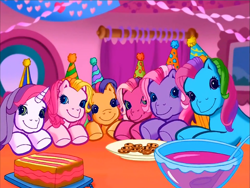 Size: 900x675 | Tagged: safe, screencap, cheerilee (g3), rainbow dash (g3), scootaloo (g3), starsong, sweetie belle (g3), toola-roola, earth pony, pegasus, pony, unicorn, g3, meet the ponies, pinkie pie's party party, cake, cookie, core seven, drink, food, hat, interior, party, party hat, punch (drink), table