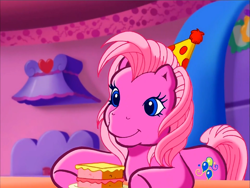 Size: 900x675 | Tagged: safe, screencap, pinkie pie (g3), earth pony, pony, g3, meet the ponies, pinkie pie's party party, cake, food, hat, party hat, solo