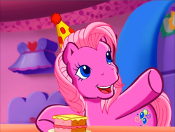 Size: 900x675 | Tagged: safe, screencap, pinkie pie (g3), earth pony, pony, g3, meet the ponies, pinkie pie's party party, cake, food, hat, party hat, raised hoof, solo