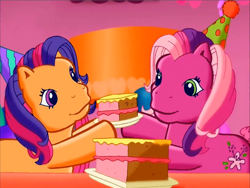 Size: 900x675 | Tagged: safe, screencap, cheerilee (g3), scootaloo (g3), earth pony, pony, g3, meet the ponies, pinkie pie's party party, cake, cute, duo, female, food, g3 cheeribetes, g3 cutealoo, hat, looking at each other, looking at someone, party hat, siblings, sisters