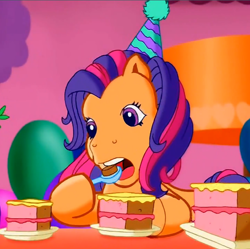 Size: 678x675 | Tagged: safe, screencap, scootaloo (g3), earth pony, pony, g3, meet the ponies, pinkie pie's party party, cake, eating, food, hat, open mouth, party hat, solo, spoon