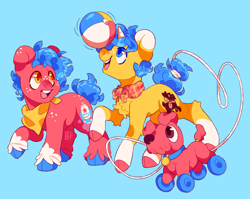 Size: 2048x1631 | Tagged: safe, artist:cocopudu, oc, oc:rocket puff, oc:tippy paws, earth pony, pony, unicorn, ascot, balancing, bandana, beach ball, blue background, brothers, cloven hooves, female, freckles, male, mare, ponies balancing stuff on their nose, siblings, simple background, unshorn fetlocks