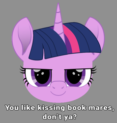 Size: 500x525 | Tagged: safe, artist:k. dale, derpibooru exclusive, twilight sparkle, pony, unicorn, g4, bedroom eyes, boykisser, bust, chubby, cute, female, gray background, head only, mare, meme, movie accurate, simple background, solo, text, twiabetes, unicorn twilight