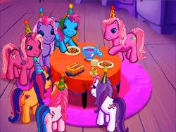 Size: 900x675 | Tagged: safe, screencap, cheerilee (g3), pinkie pie (g3), rainbow dash (g3), scootaloo (g3), starsong, sweetie belle (g3), toola-roola, earth pony, pegasus, pony, unicorn, g3, meet the ponies, pinkie pie's party party, cake, carpet, cookie, core seven, food, hat, party hat, punch (drink), punch bowl, table
