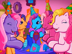 Size: 900x675 | Tagged: safe, screencap, cheerilee (g3), rainbow dash (g3), scootaloo (g3), starsong, toola-roola, earth pony, pegasus, pony, g3, meet the ponies, pinkie pie's party party, eyes closed, hat, laughing, party hat, tennis racket