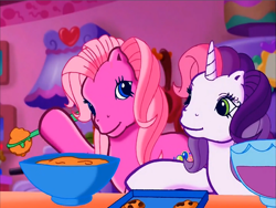 Size: 900x675 | Tagged: safe, screencap, pinkie pie (g3), sweetie belle (g3), earth pony, pony, unicorn, g3, meet the ponies, pinkie pie's party party, baking, bowl, cookie, duo, food, hat, looking at each other, looking at someone, party hat, spoon