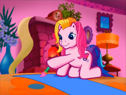 Size: 900x675 | Tagged: safe, screencap, toola-roola, earth pony, pony, g3, meet the ponies, pinkie pie's party party, anatomically incorrect, crouching, fireplace, flower, hat, incorrect leg anatomy, interior, lamp, paintbrush, painting, party hat, solo