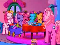 Size: 900x675 | Tagged: safe, screencap, cheerilee (g3), pinkie pie (g3), rainbow dash (g3), scootaloo (g3), starsong, sweetie belle (g3), toola-roola, earth pony, pony, g3, meet the ponies, pinkie pie's party party, core seven, eyes closed, laughing