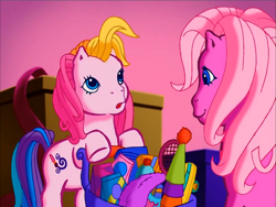 Size: 900x675 | Tagged: safe, screencap, pinkie pie (g3), toola-roola, earth pony, pony, g3, meet the ponies, pinkie pie's party party, blowing, duo, hair flip