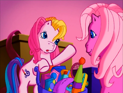 Size: 900x675 | Tagged: safe, screencap, pinkie pie (g3), toola-roola, earth pony, pony, g3, meet the ponies, pinkie pie's party party, duo, raised hoof, talking
