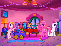 Size: 900x675 | Tagged: safe, screencap, cheerilee (g3), pinkie pie (g3), rainbow dash (g3), scootaloo (g3), starsong, sweetie belle (g3), toola-roola, earth pony, pegasus, pony, unicorn, g3, meet the ponies, pinkie pie's party party, core seven, interior, looking at each other, looking at someone