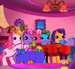 Size: 627x585 | Tagged: safe, screencap, cheerilee (g3), rainbow dash (g3), scootaloo (g3), starsong, toola-roola, earth pony, pegasus, pony, g3, meet the ponies, pinkie pie's party party, interior