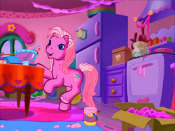 Size: 900x675 | Tagged: safe, screencap, pinkie pie (g3), earth pony, pony, g3, meet the ponies, pinkie pie's party party, banner, happy, interior, paint, prancing, punch (drink), punch bowl, solo