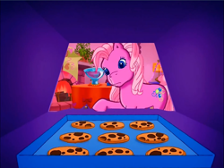 Size: 900x675 | Tagged: safe, screencap, pinkie pie (g3), earth pony, pony, g3, meet the ponies, pinkie pie's party party, cookie, food, offscreen character, pov, sad, solo, worried