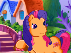 Size: 900x675 | Tagged: safe, screencap, scootaloo (g3), earth pony, pony, g3, meet the ponies, pinkie pie's party party, bridge, houses, kite, kite flying, looking at someone, outdoors, solo