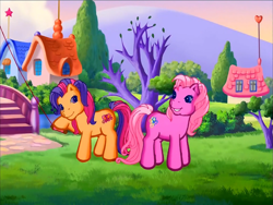 Size: 900x675 | Tagged: safe, screencap, pinkie pie (g3), scootaloo (g3), earth pony, pony, g3, meet the ponies, pinkie pie's party party, bridge, bush, duo, female, houses, kite, kite flying, looking at each other, looking at someone, mare, outdoors, tree