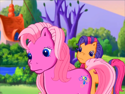 Size: 900x675 | Tagged: safe, screencap, pinkie pie (g3), scootaloo (g3), earth pony, pony, g3, meet the ponies, pinkie pie's party party, duo, looking at someone, outdoors, sad, worried
