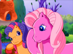Size: 900x675 | Tagged: safe, screencap, pinkie pie (g3), scootaloo (g3), earth pony, pony, g3, meet the ponies, pinkie pie's party party, duo, hoof on head, outdoors, sad, thinking, worried