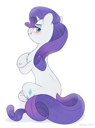 Size: 1195x1606 | Tagged: safe, artist:skysorbett, rarity, pony, unicorn, g4, angry, blushing, chest fluff, crossed arms, eyebrows, female, mare, simple background, sitting, sketch, solo, tsundere, tsunderity, white background