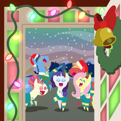 Size: 2160x2160 | Tagged: safe, anonymous artist, big macintosh, fluttershy, rarity, toe-tapper, torch song, earth pony, pegasus, pony, series:fm holidays, series:hearth's warming advent calendar 2023, g4, advent calendar, bowtie, caroling, christmas, christmas lights, christmas wreath, clothes, doorway, eyes closed, female, hat, high res, holiday, holly, hoof around neck, hoof on chest, lineless, male, mare, one eye closed, open mouth, open smile, pointy ponies, ponytones, ponytones outfit, rearing, santa hat, ship:fluttermac, shipping, singing, smiling, snow, snowfall, stallion, straight, sweater, wreath