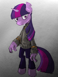 Size: 758x1000 | Tagged: safe, artist:freakazoidthunk, twilight sparkle, unicorn, anthro, g4, bags under eyes, bipedal, bracelet, clothes, jewelry, mlha, my little hazards area, opposable hooves, parody, solo, sweater, tired