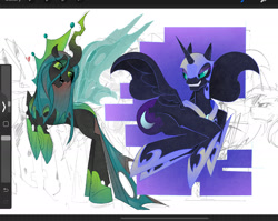 Size: 1992x1588 | Tagged: safe, artist:dampfurz, nightmare moon, queen chrysalis, alicorn, changeling, changeling queen, pony, g4, anatomically incorrect, crown, duo, extra leg joint, heart, incorrect leg anatomy, jewelry, long legs, looking at each other, looking at someone, regalia, simple background, sketch, smiling, smirk, spread wings, ultimate chrysalis, white background, wings