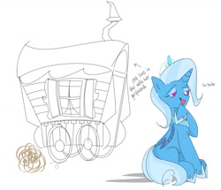 Size: 1440x1237 | Tagged: safe, artist:dampfurz, trixie, alicorn, pony, g4, alicornified, jewelry, laughing, open mouth, princess of humility, race swap, regalia, simple background, sitting, sketch, smiling, smirk, solo, tiara, trixie's wagon, trixiecorn, wagon, white background