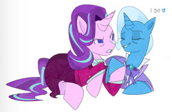 Size: 1366x893 | Tagged: safe, artist:dampfurz, starlight glimmer, trixie, pony, unicorn, g4, the last problem, clothes, duo, eyes closed, female, frown, holding hooves, lesbian, lying down, older, older starlight glimmer, older trixie, ship:startrix, shipping, simple background, smiling, white background