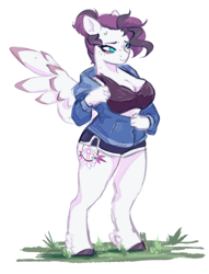 Size: 1056x1385 | Tagged: safe, artist:damayantiarts, oc, oc only, oc:lavender cloud burst, pegasus, anthro, big breasts, breasts, cleavage, clothes, hand, hooves, jacket, shorts, simple background, smiling, solo, sports bra, spread wings, sweat, sweatdrop, white background, wings