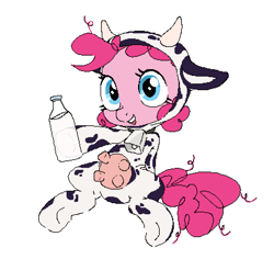 Size: 841x793 | Tagged: safe, artist:myra, pinkie pie, earth pony, pony, g4, animal costume, bell, bell collar, clothes, collar, costume, cow costume, cow suit, cowbell, cowprint, cute, diapinkes, female, filly, filly pinkie pie, foal, glass of milk, kigurumi, mare, milk, milk bottle, open mouth, open smile, simple background, sitting, smiling, udder, white background, younger