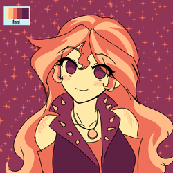 Size: 3000x3000 | Tagged: safe, artist:rileyav, sunset shimmer, human, equestria girls, g4, blushing, bust, clothes, color palette challenge, eye clipping through hair, eyebrows, eyebrows visible through hair, female, high res, jewelry, limited palette, looking at you, necklace, red background, simple background, smiling, solo, sparkles