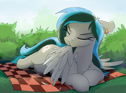 Size: 4200x3100 | Tagged: safe, artist:imadeoos, oc, oc only, oc:luny, pegasus, pony, eyes closed, feather, grooming, lying down, picnic blanket, preening, prone, solo, wings