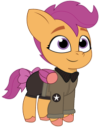Size: 852x1075 | Tagged: safe, artist:edy_january, artist:prixy05, edit, vector edit, scootaloo, pegasus, pony, g4, g5, my little pony: tell your tale, children, clothes, denim, foal, g4 to g5, generation leap, girls und panzer, jacket, jeans, military, military pony, military uniform, pants, ponytail, saunders, short pants, simple background, solo, transparent background, uniform, united states, vector