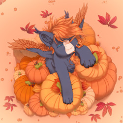 Size: 2500x2500 | Tagged: safe, artist:medkit, oc, oc only, oc:ruby the exorcist, hybrid, original species, pegasus, pony, adam's apple, ashberry, autumn, autumn leaves, berry, blaze (coat marking), blue coat, butt fluff, chest fluff, claws, coat markings, colored claws, colored ear fluff, colored eyebrows, colored eyelashes, colored lineart, colored muzzle, colored tassels, colored wings, commission, cute, ear fluff, elderberry (berry), eye clipping through hair, eyebrows, eyebrows visible through hair, eyes closed, facial markings, fangs, feathered wings, field, floppy ears, flower, food, full body, harvest, head up, heart shaped, heterochromia, high res, hoof fluff, leaves, lightly watermarked, male, orange mane, orange tail, paint tool sai 2, paw pads, paws, pegasus oc, perspective, physalis, png, pumpkin, short mane, signature, sketch, smiling, solo, speedpaint, speedpaint available, spread wings, stallion, sternocleidomastoid, tail, tassels, wall of tags, watermark, wing fluff, wings, ych result