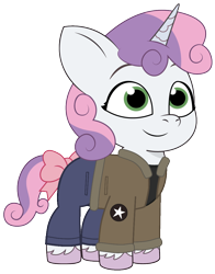 Size: 868x1105 | Tagged: safe, artist:edy_january, artist:prixy05, edit, vector edit, sweetie belle, pony, unicorn, g4, g5, my little pony: tell your tale, british, children, clothes, denim, foal, g4 to g5, generation leap, girls und panzer, jacket, jeans, military, military pony, military uniform, pants, ponytail, ribbon, saunders, shirt, simple background, solo, transparent background, uniform, united kingdom, vector