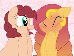 Size: 1060x801 | Tagged: safe, artist:faith-wolff, oc, oc only, oc:flare sparks, oc:peach winnimere pie, earth pony, pegasus, pony, blushing, blushing profusely, bust, duo, eyes closed, female, mare, offspring, parent:cheese sandwich, parent:flash sentry, parent:pinkie pie, parent:sunset shimmer, parents:cheesepie, parents:flashimmer, story included