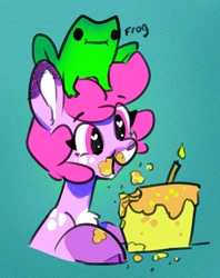 Size: 1536x1936 | Tagged: safe, artist:opalacorn, oc, oc only, earth pony, frog, pony, birthday cake, bust, cake, cloven hooves, eating, female, food, frog hat, heart, heart eyes, mare, messy eating, open mouth, open smile, smiling, wingding eyes
