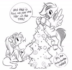 Size: 4096x4004 | Tagged: safe, artist:opalacorn, oc, oc only, oc:asher, oc:silver stream, oc:void, alicorn, pegasus, pony, zebra, zebra alicorn, baby, baby pony, christmas, christmas tree, colt, commission, dialogue, female, foal, grayscale, holiday, hoof hold, male, mare, monochrome, mother and child, mother and son, open mouth, open smile, simple background, smiling, speech bubble, stallion, tree, trio, white background