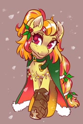 Size: 1382x2041 | Tagged: safe, artist:opalacorn, oc, oc only, oc:daylily crescent, earth pony, pony, boots, brown background, cloak, clothes, commission, female, holly, mare, shoes, simple background, snow, snowfall, solo